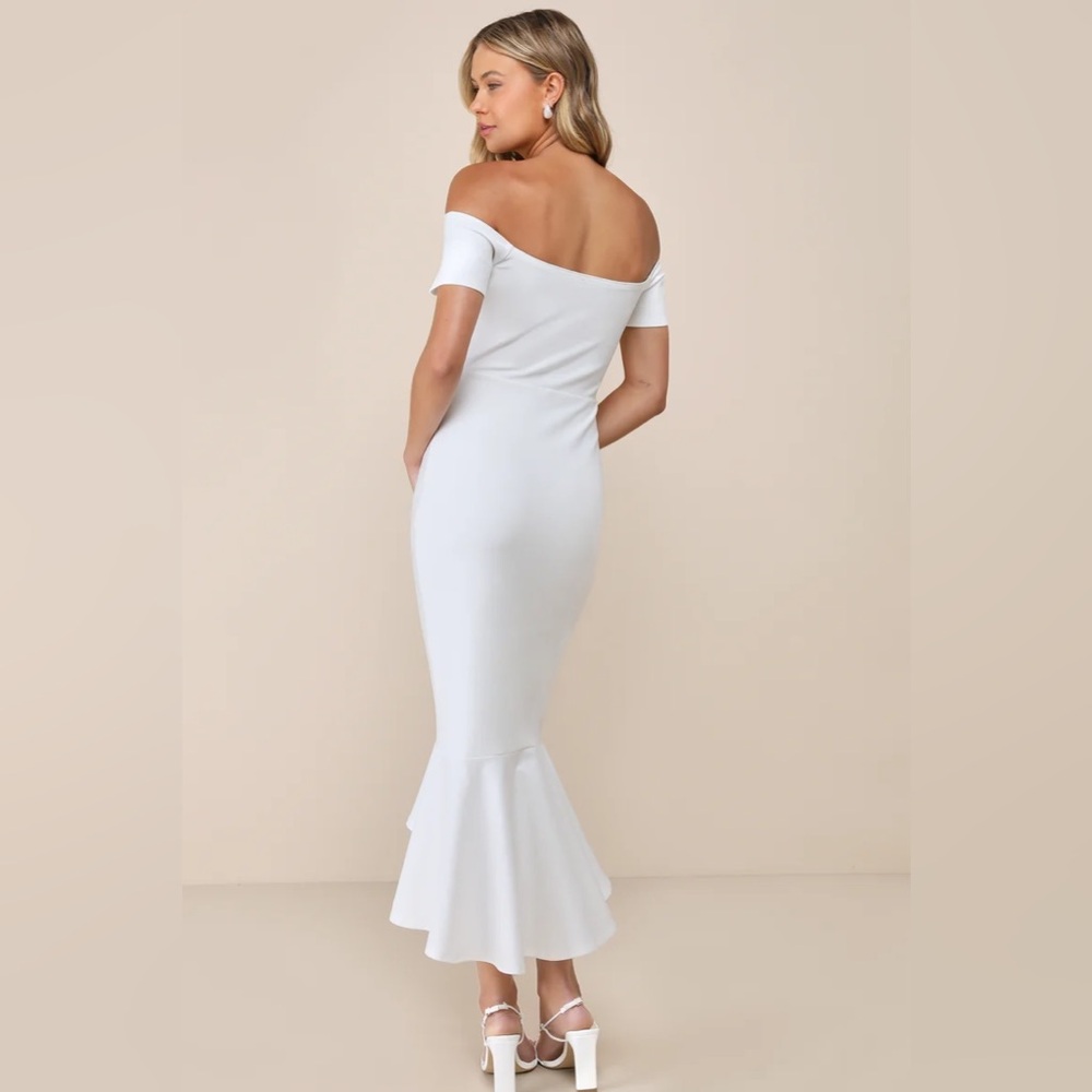 NWOT LULUS Large How Much I Care Ivory Off-the-Shoulder Midi Dress - Picture 3 of 4